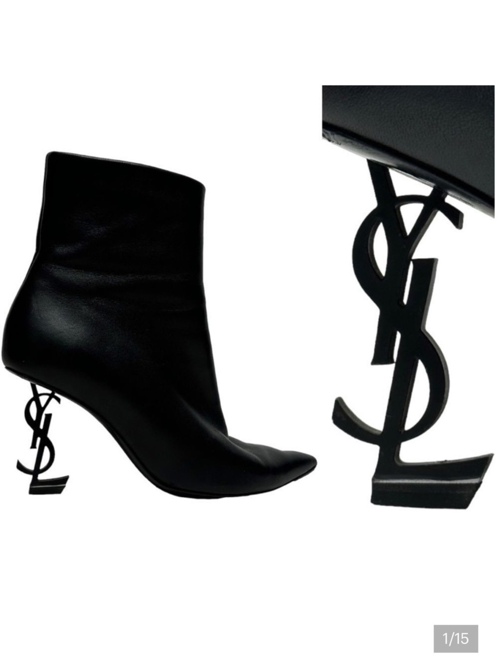 YSL Yves Saint Laurent OPYUM Logo Heel Boots Ankle Booties Black 36 5.5 6
